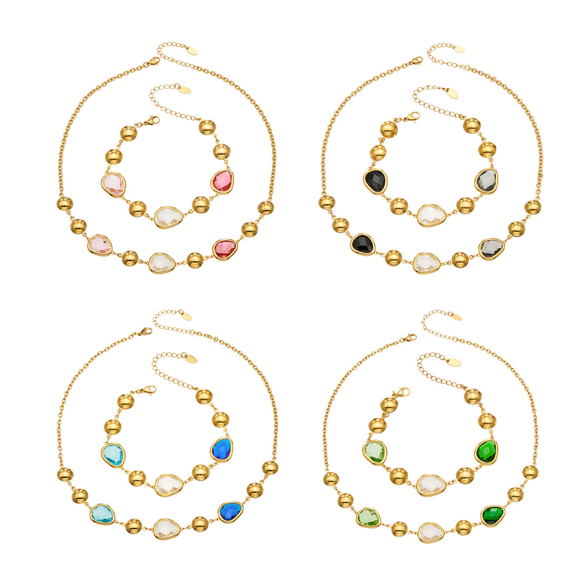 Stainless steel colorful glass stone necklace and bracelet collection