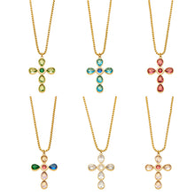 Stainless steel cross necklaces with colorful faceted stone pendants