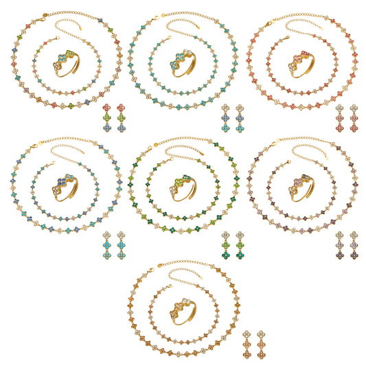 Stainless steel colorful zircon flower necklace bracelet ring and earrings collection