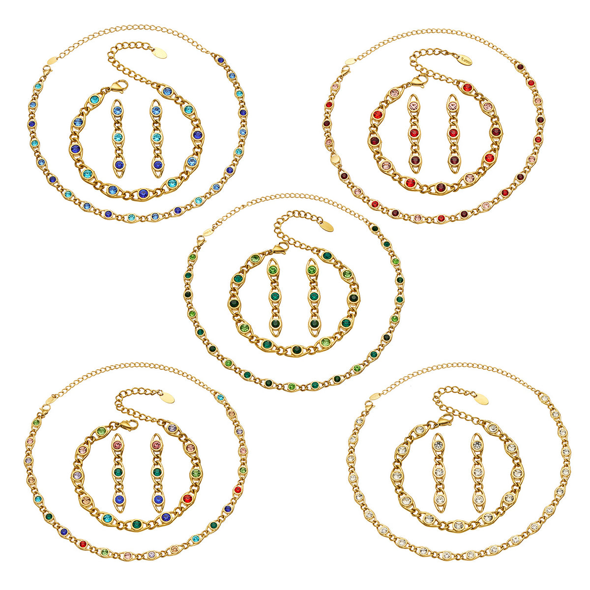 Stainless steel colorful zircon necklace bracelet and earrings collection