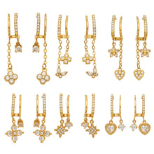 Stainless steel CZ charm drop earrings in clover, heart, butterfly and flower designs