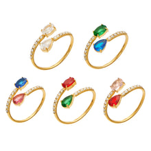Stainless steel adjustable open rings with white cubic zirconia and assorted colored glass stones