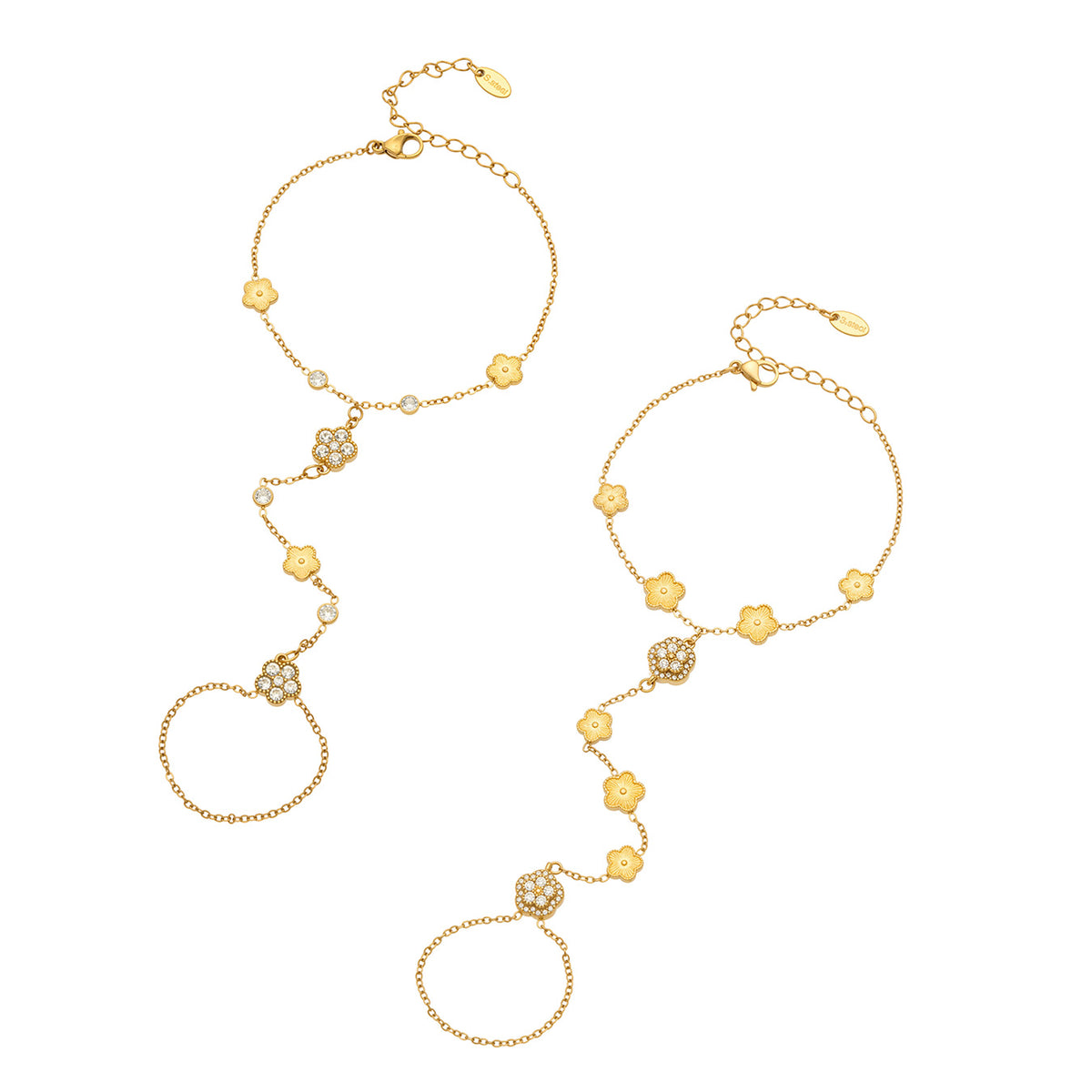 E304 gold-tone stainless steel CZ flower hand chain bracelets with connected finger rings