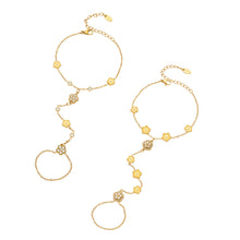 E304 gold-tone stainless steel CZ flower hand chain bracelets with connected finger rings