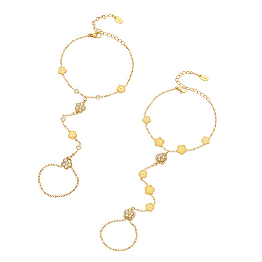 E304 gold-tone stainless steel CZ flower hand chain bracelets with connected finger rings