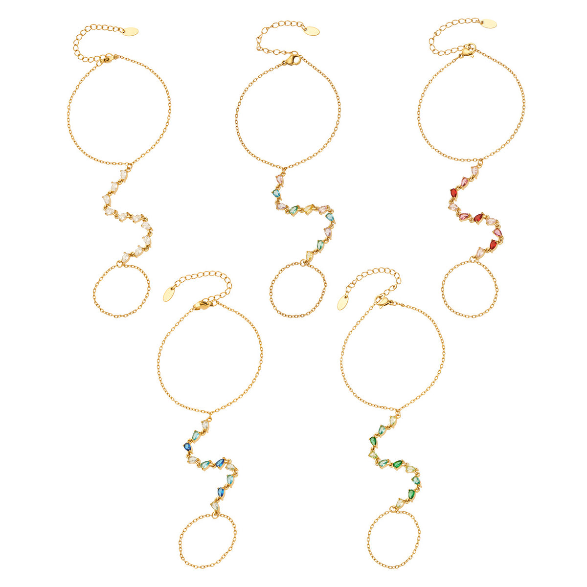 Stainless steel CZ hand chain bracelets with connected finger rings in clear, multicolor, red, blue and green stone options