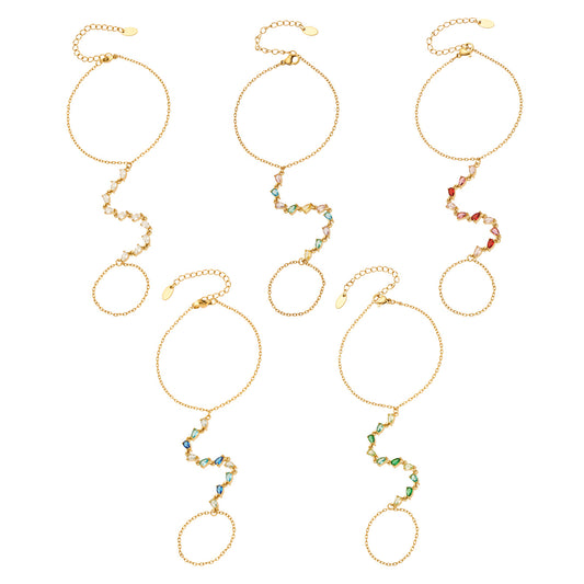 Stainless steel CZ hand chain bracelets with connected finger rings in clear, multicolor, red, blue and green stone options