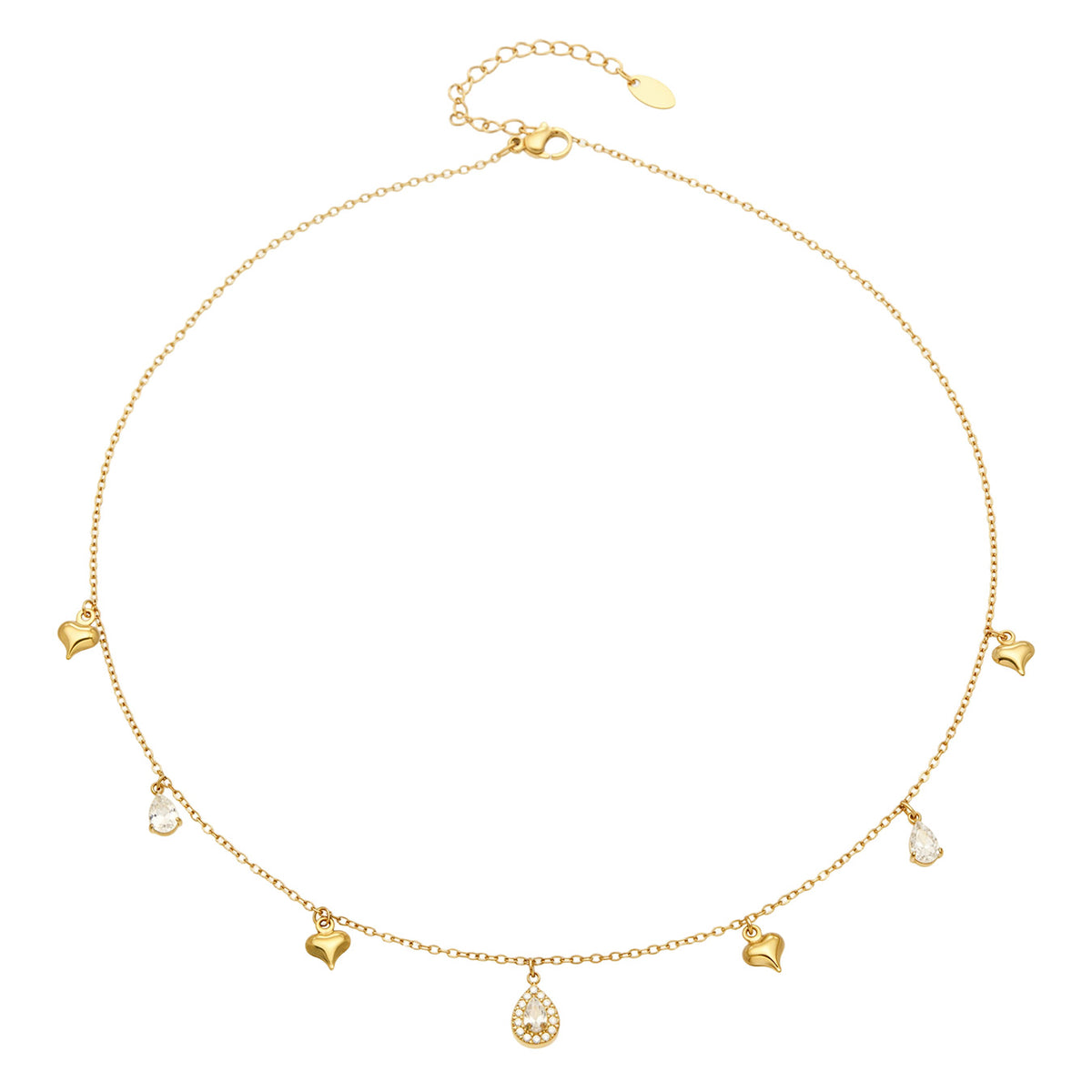 Stainless steel dainty heart charm necklace with clear teardrop zircon accents in gold tone