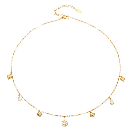Stainless steel dainty heart charm necklace with clear teardrop zircon accents in gold tone