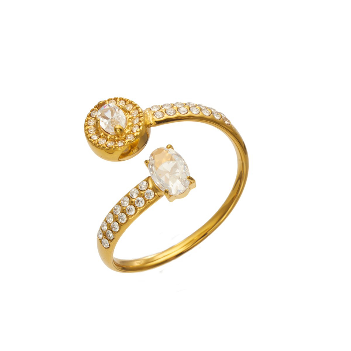 Gold-tone stainless steel adjustable open ring with double cubic zirconia focal stones and CZ accents