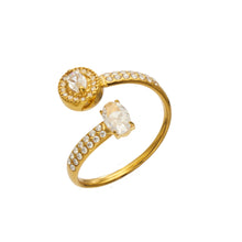 Gold-tone stainless steel adjustable open ring with double cubic zirconia focal stones and CZ accents