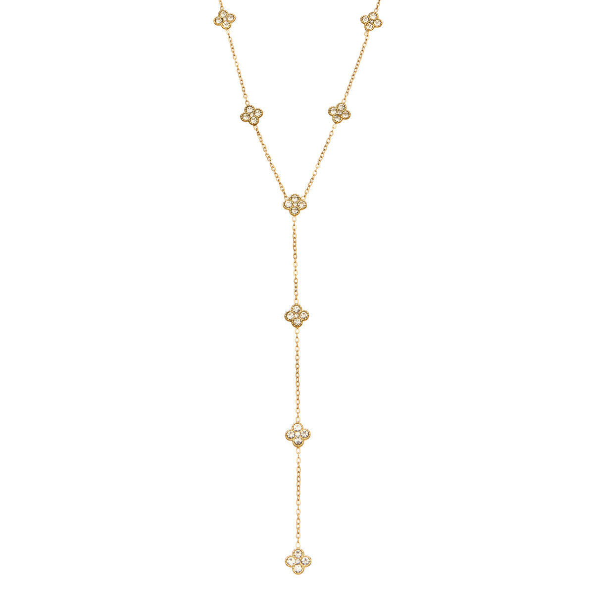 Stainless steel floral Y lariat necklace with delicate clear stone flower details in gold-tone finish
