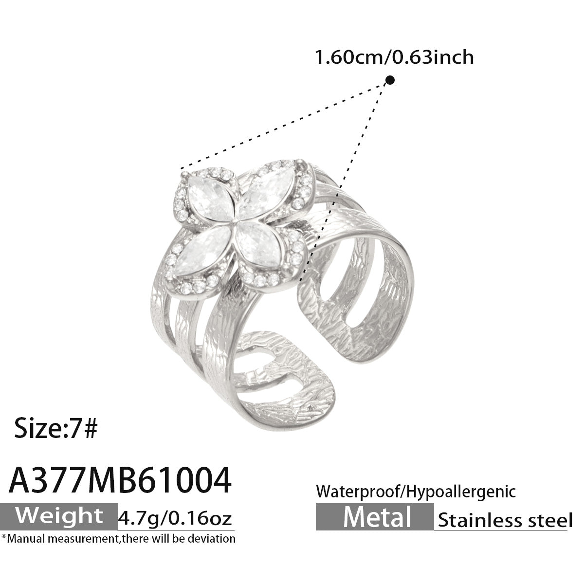 Specification diagram of the A377 silver-tone stainless steel four-petal flower ring with marquise-shaped clear stones
