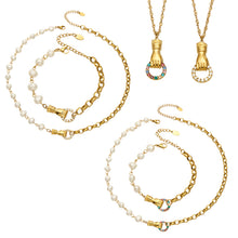 Stainless steel freshwater pearl necklaces and bracelets with white and multicolor zircon details