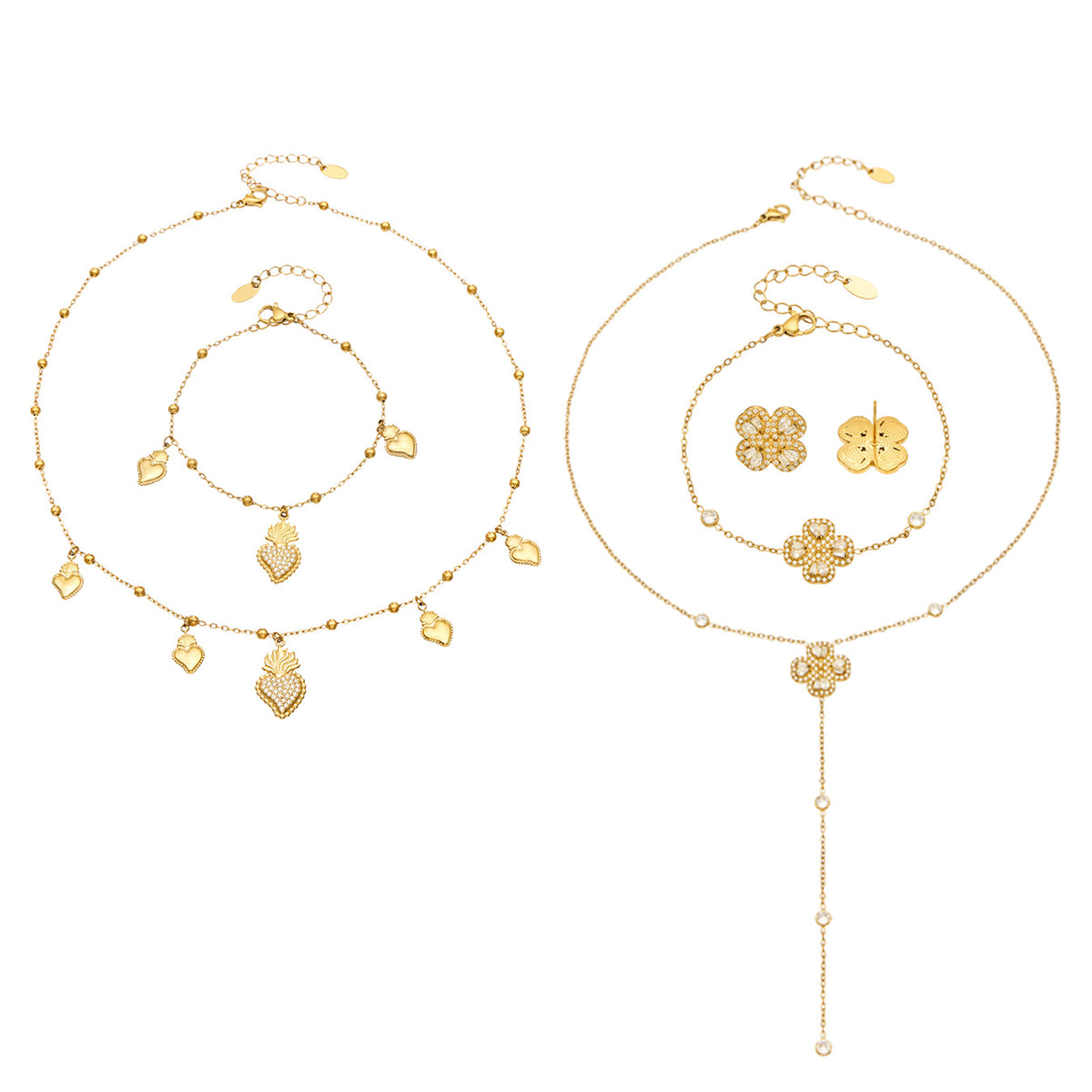 Stainless steel heart and four-petal flower zircon jewelry collection with necklaces, bracelets and stud earrings