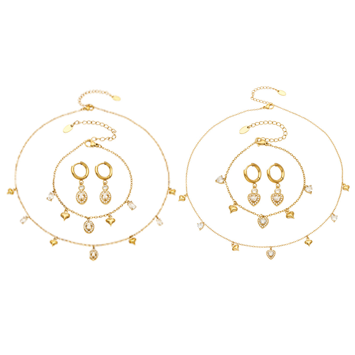 Stainless steel heart and oval zircon charm jewelry collection with necklaces, bracelets and hoop earrings