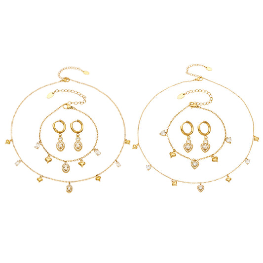 Stainless steel heart and oval zircon charm jewelry collection with necklaces, bracelets and hoop earrings