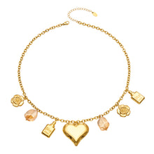 Stainless steel heart multi-charm necklace with resin drops and gold-tone details