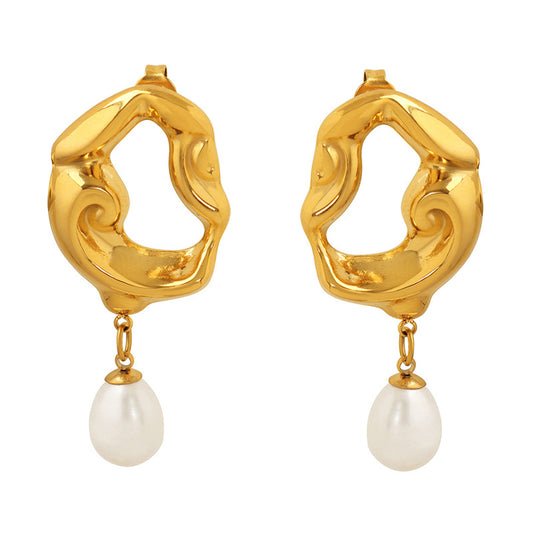 Gold tone irregular stainless steel pearl drop earrings with organic hollow hoop design
