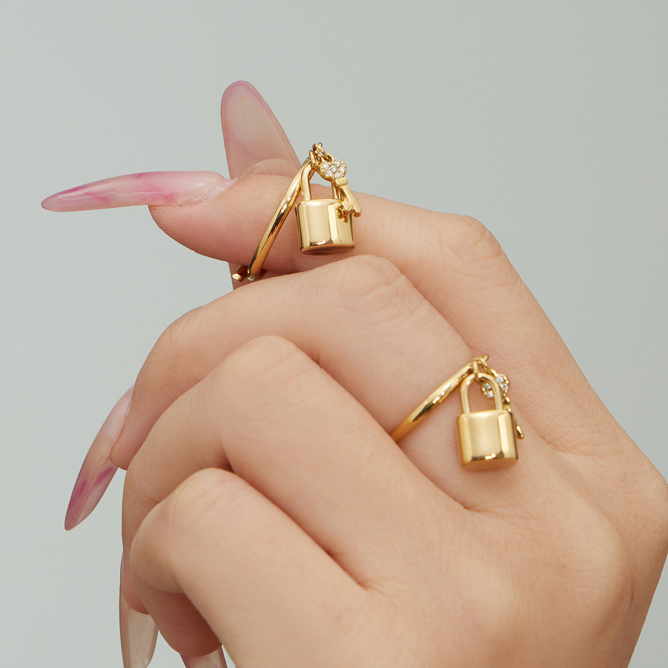 18K gold PVD stainless steel lock and key ring with pave 5A zircon charm detail
