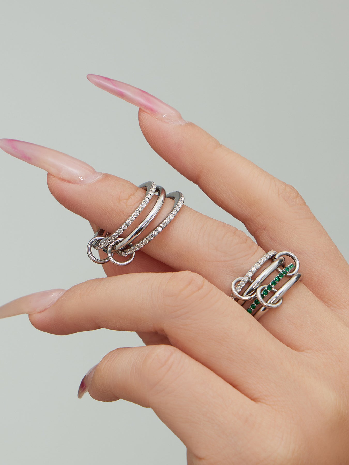 Stainless steel lock and key stacked ring with 5A zircon pave, silver multi-layer design worn on hand
