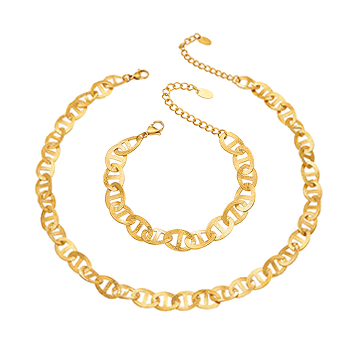 Stainless steel mariner chain necklace and bracelet with PVD gold-tone finish