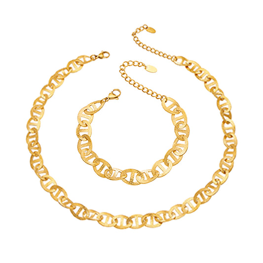 Stainless steel mariner chain necklace and bracelet with PVD gold-tone finish