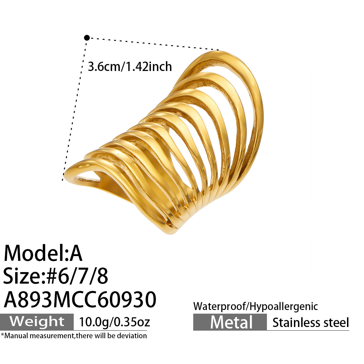 Size chart for Design A gold-tone stainless steel multi-band ring, showing dimensions and size options 6, 7 and 8