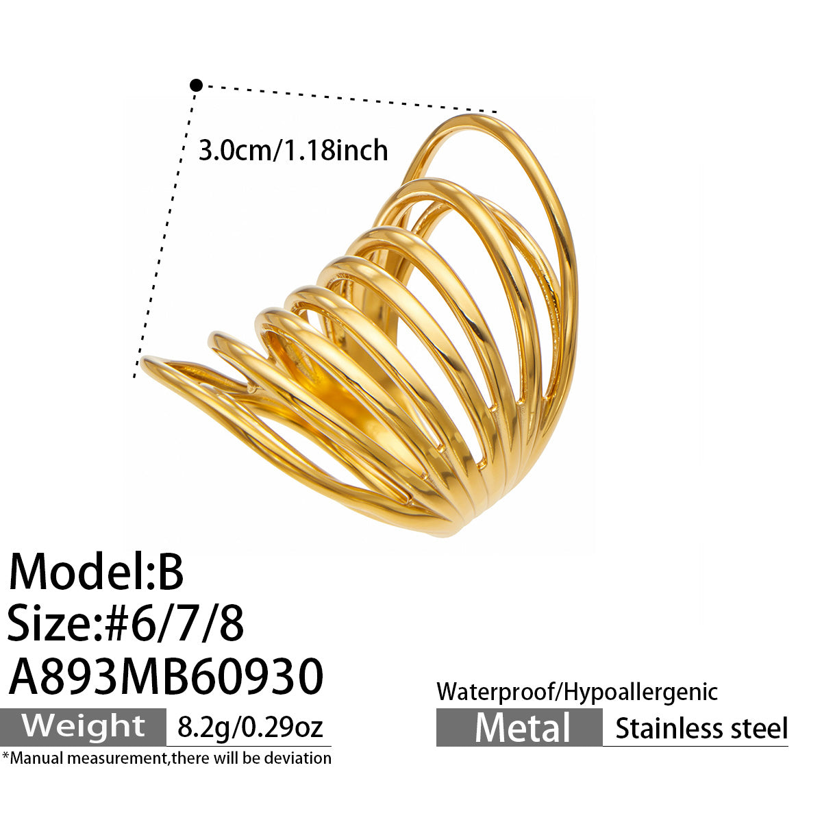 Size chart for Design B gold-tone stainless steel multi-band ring, showing dimensions and size options 6, 7 and 8