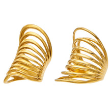 Two gold-tone stainless steel multi-band statement rings with curved bands and elongated openwork designs