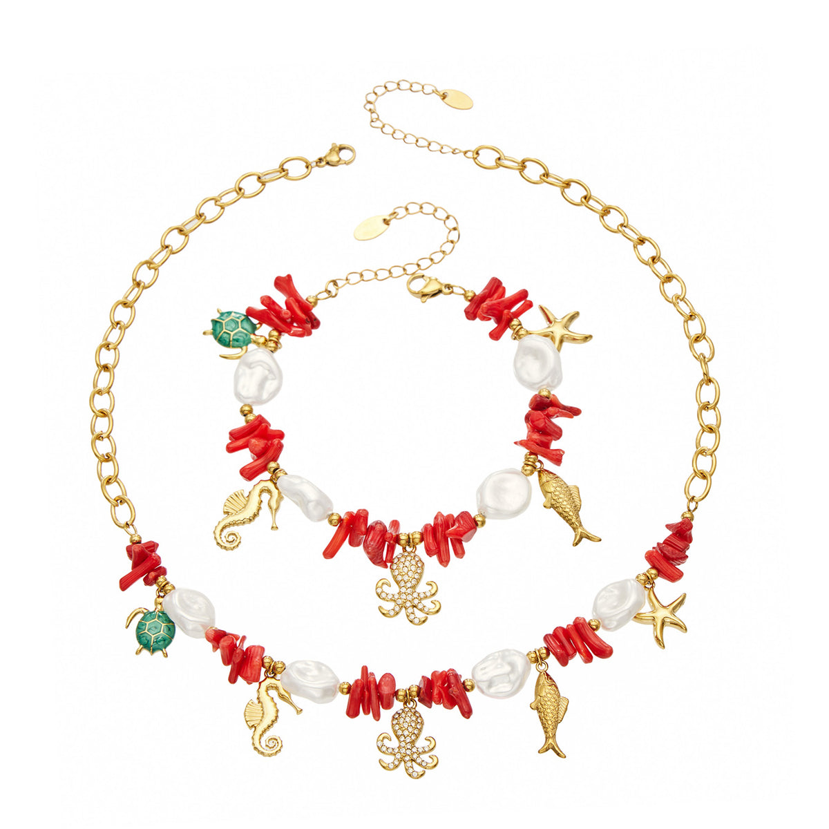 Stainless steel ocean animal charm necklace and bracelet with red coral-style bead accents