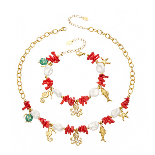 Stainless steel ocean animal charm necklace and bracelet with red coral-style bead accents