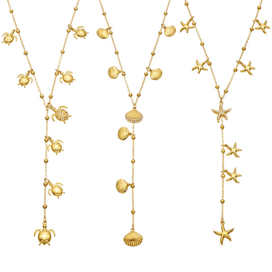 Stainless steel ocean charm Y lariat necklaces with starfish, turtle and scallop shell designs