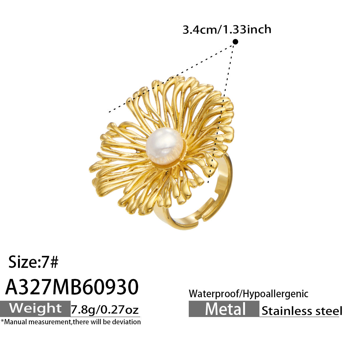 Dimension diagram of the A327 gold-tone stainless steel openwork flower ring with a faux pearl center, showing a 3.4 cm flower width