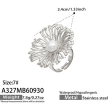 Dimension diagram of the A327 silver-tone stainless steel openwork flower ring with a faux pearl center, showing a 3.4 cm flower width