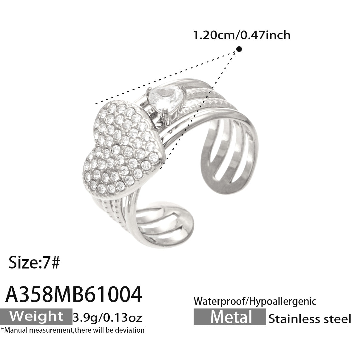 Specification diagram of the A358 silver-tone stainless steel pavé heart ring with an open multi-band design