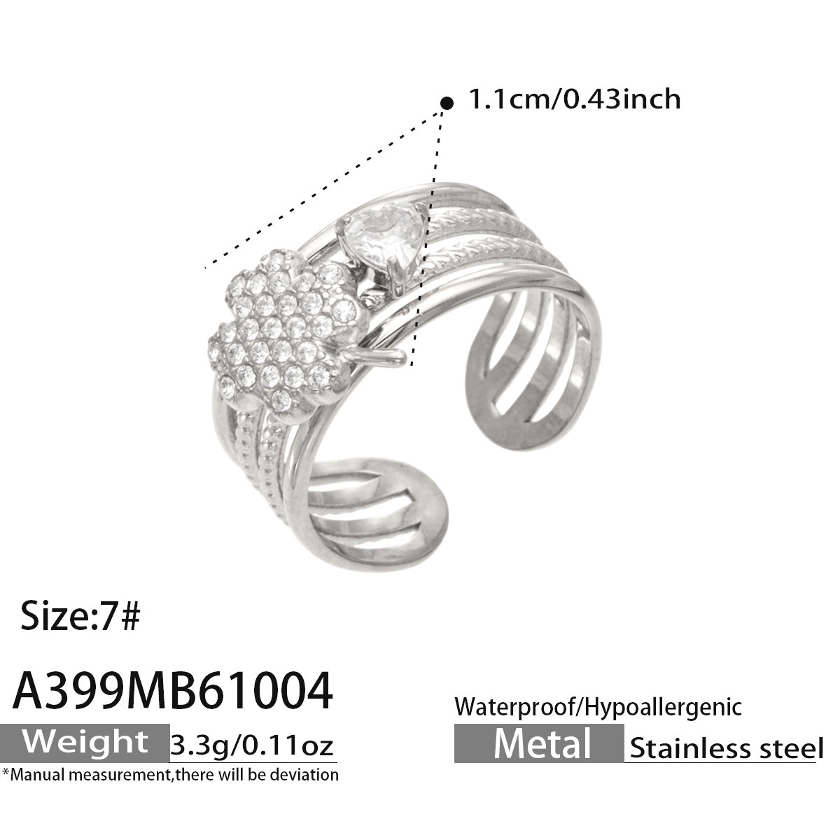 Specification diagram of the A399 silver-tone stainless steel pavé leaf ring with a separate clear stone accent
