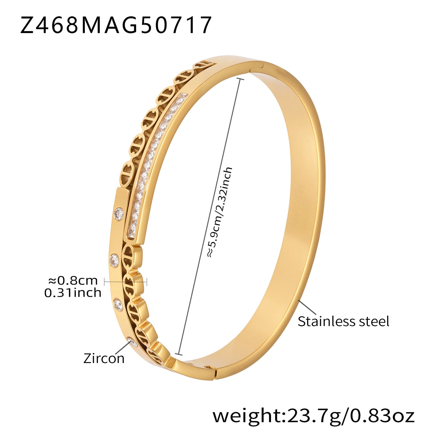 18k gold plated stainless steel paved zircon bangle, chain texture bracelet size: 5.9cm inner diameter 23.7g weight