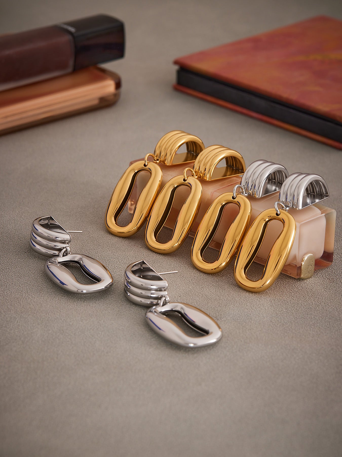 Stainless steel hollow rectangle door knocker earrings in gold, silver and two-tone finishes