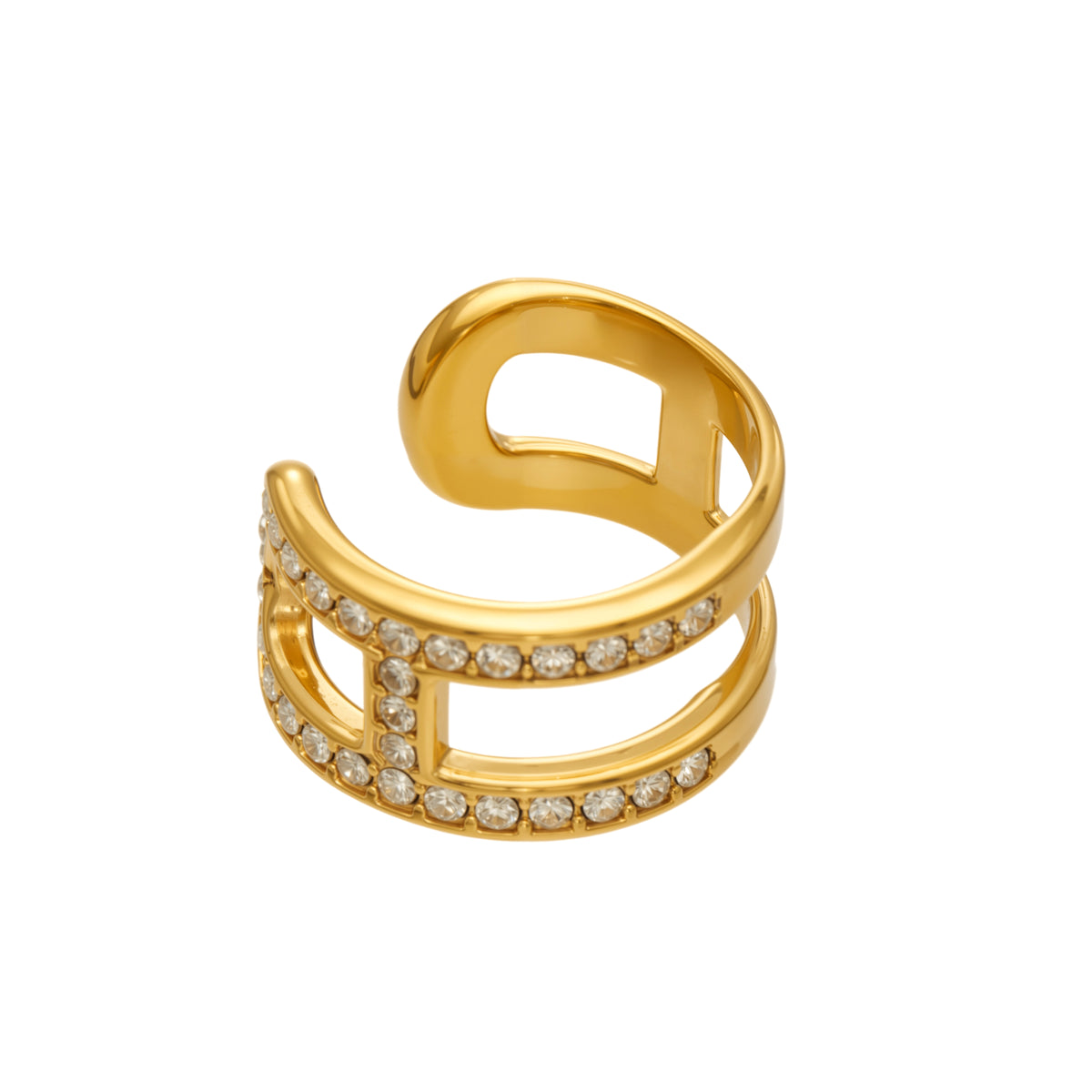 F855 gold-tone stainless steel clip-on ear cuff with rhinestone accents