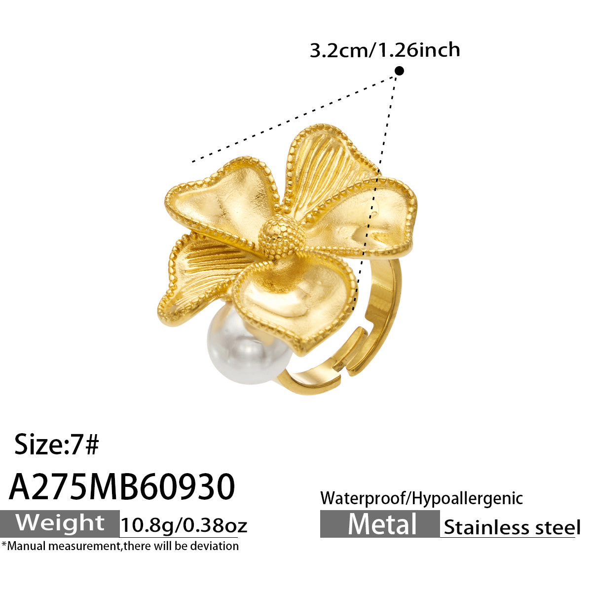 Dimension diagram of the A275 gold-tone stainless steel sculpted flower ring with a faux pearl accent, showing a 3.2 cm flower width