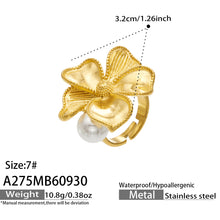Dimension diagram of the A275 gold-tone stainless steel sculpted flower ring with a faux pearl accent, showing a 3.2 cm flower width