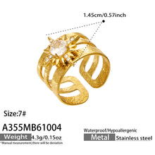 Specification diagram of the A355 gold-tone stainless steel sunburst flower ring with a round clear center stone