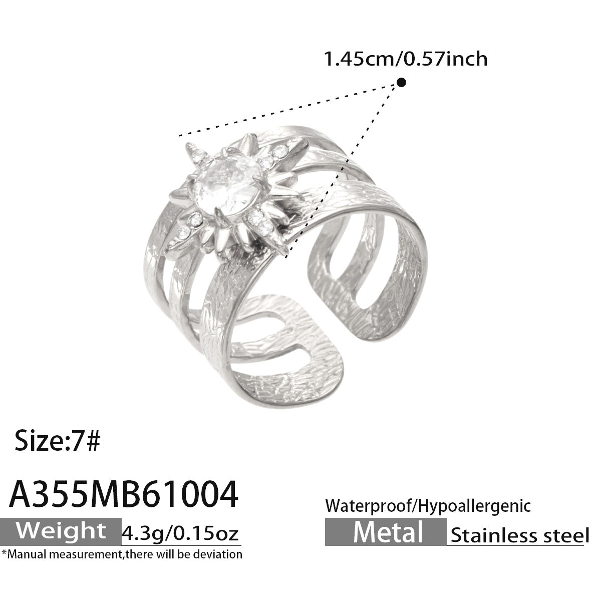Specification diagram of the A355 silver-tone stainless steel sunburst flower ring with a round clear center stone