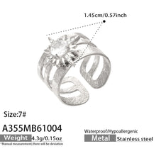 Specification diagram of the A355 silver-tone stainless steel sunburst flower ring with a round clear center stone