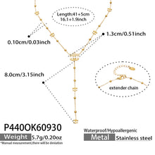 Size diagram of the P440 stainless steel Y lariat necklace, showing a 41 cm chain, 5 cm extender and 8 cm drop