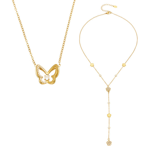 18K gold plated stainless steel zircon butterfly pendant and floral Y necklaces displayed together