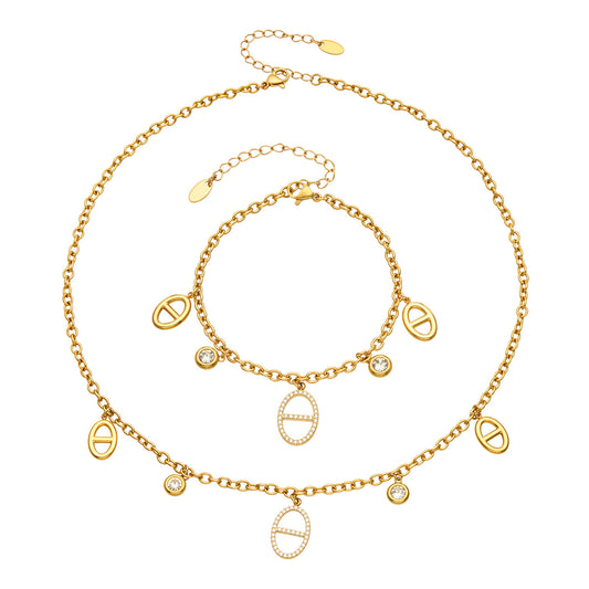 Stainless steel zircon charm bracelet and necklace set in gold finish
