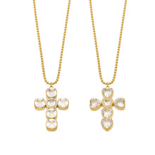 Stainless steel zircon cross necklaces in square-stone and heart-stone designs