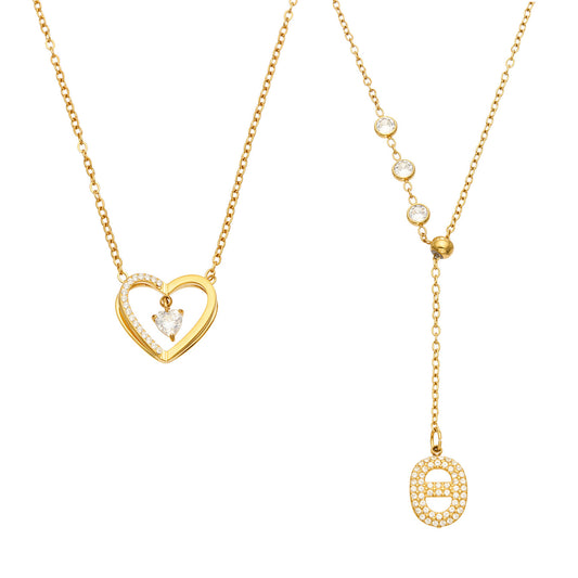 Stainless steel zircon heart pendant necklace and Y drop necklace in gold-tone finish